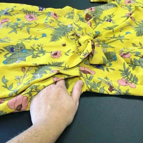 Blue Rain Womens Mustard Yellow Floral Leaf Print Ruffled Romper Dress Small - Picture 3 of 11